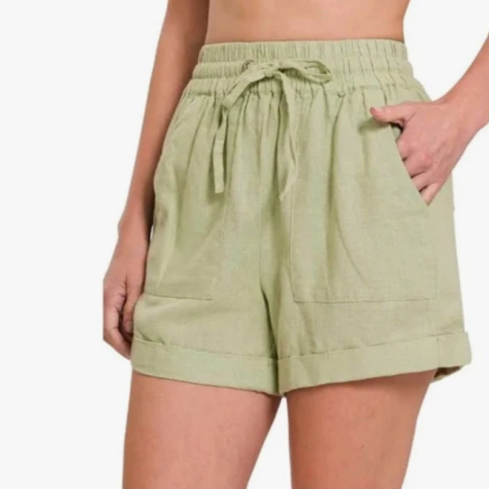 Linen Blend Sage Green Easy Shorts